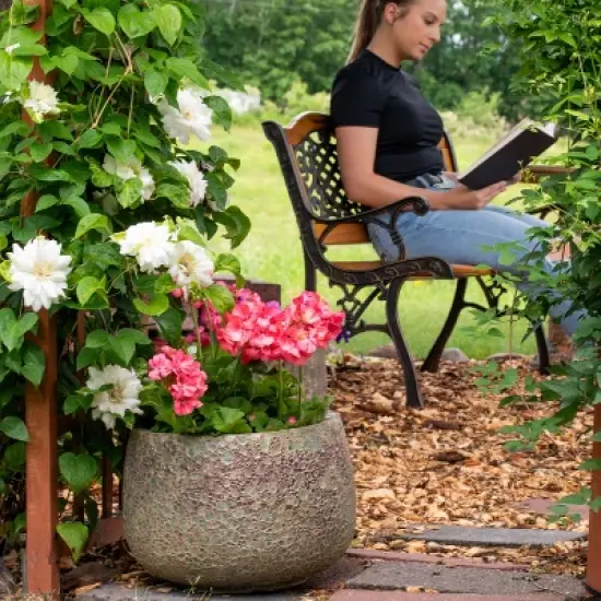 Sunnydaze Round Lava Finish Ceramic Planter - Green Distressed Ceramic - 14" Round image {3}