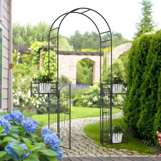 Gulches 7' Garden Arch Arbor, Metal Arch Trellis with Gate, Garden Archway for Climbing Vines, Wedding Ceremony Decoration, Black image {1}