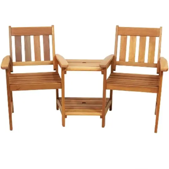 Sunnydaze Outdoor Meranti Wood with Teak Oil Finish Jack-and-Jill Patio Chairs with Attached Table - Brown image {7}
