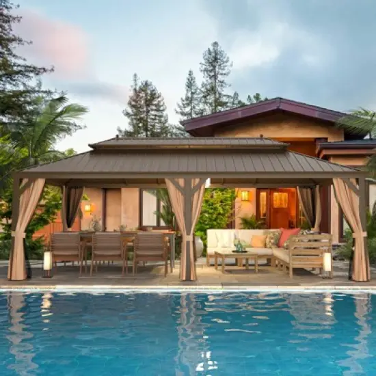 Erommy 14' X 24' Hardtop Gazebo, Galvanized Steel Metal Double Roof Aluminum Gazebos with Curtain and Netting image {2}