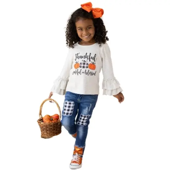 Girls Thankful, Grateful, & Blessed Sequin Patched Jeans Set - Mia Belle Girls image {7}