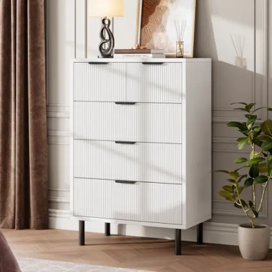 Wave Fluted 5 Drawer Dresser for Bedroom, Tall Dresser Chest of Drawers, Wood Storage Dresser Organizer for Nursery Bedroom Living Room, White image {2}