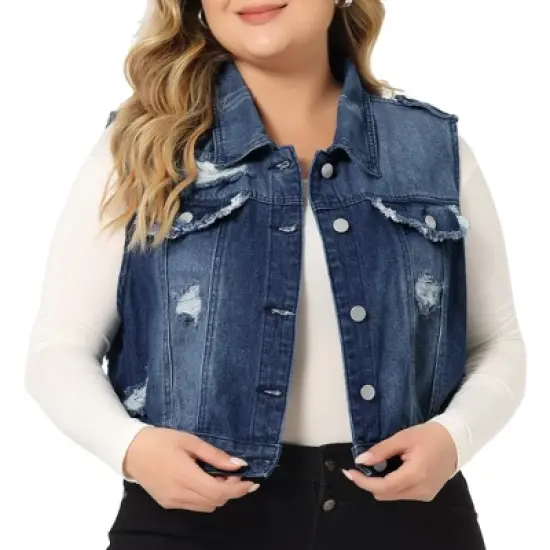 Agnes Orinda Women's Plus Size Sleeveless Chest Pockets Button-Up Denim Vests image {8}
