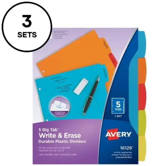 Avery Big Tab Write & Erase Durable Plastic Dividers, 5-Tab Set, Multicolor Brights, 3 Sets (21212) image {7}