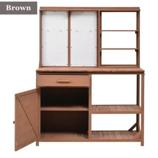 Hrinhom 50.2"W  Patio Potting Bench Table, Wooden Farmhouse Garden Workstation with Storage Shelves and Side Hook image {11}
