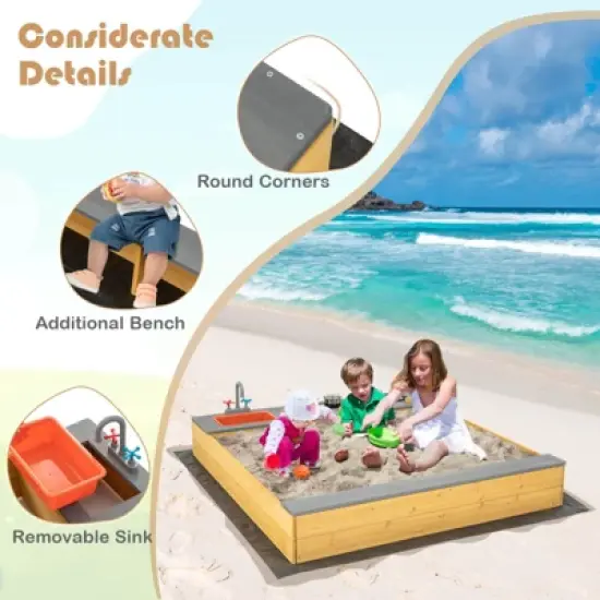 Costway Kids Sandbox Outdoor Wooden Sandpit w/ Bottom Liner Creative Cooking Area image {8}
