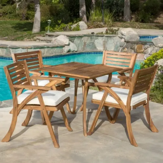 GDFStudio Baia Outdoor Acacia Wood 5 Piece Dining Set with Cushion, Teak/Cream image {1}