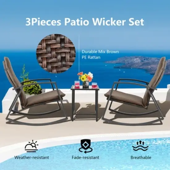 Costway 3PCS Patio Rattan Rocking Chair Table Furniture Set Yard Cushion image {5}