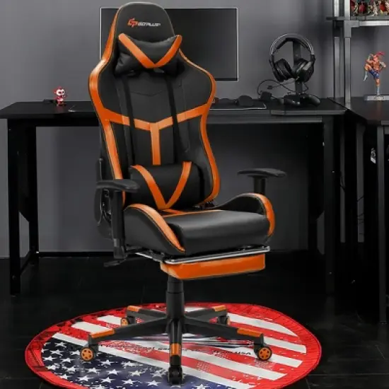 Costway Massage Gaming Chair Reclining Racing Chair with Lumbar Support &Footrest Orange image {2}