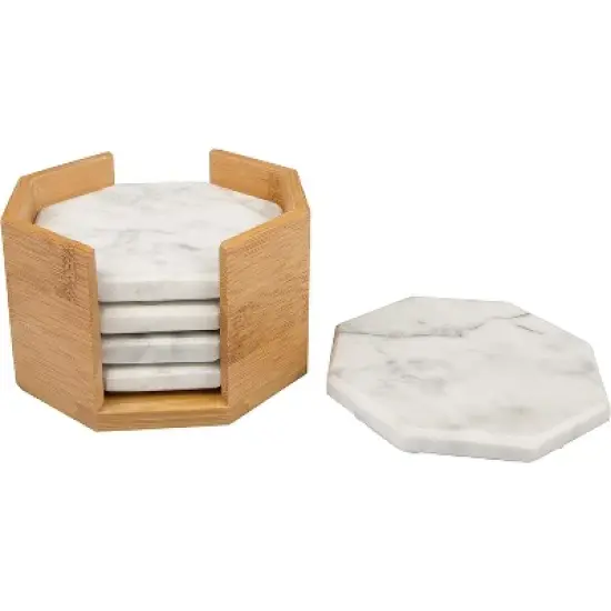 D'Eco White Carrara Marble Coasters w/ Bamboo Holder - Set of 5 - Tabletop Protection- Fits Any Size Wine Glass, Cup, Mug - Great Mother's Day Gift image {4}
