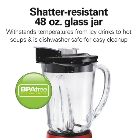 Hamilton Beach Wave Action Blender 48oz Red 53519FG: 700W Glass Jar, 6 Speeds, Dishwasher-Safe, Smoothie & Kitchen Blender image {4}