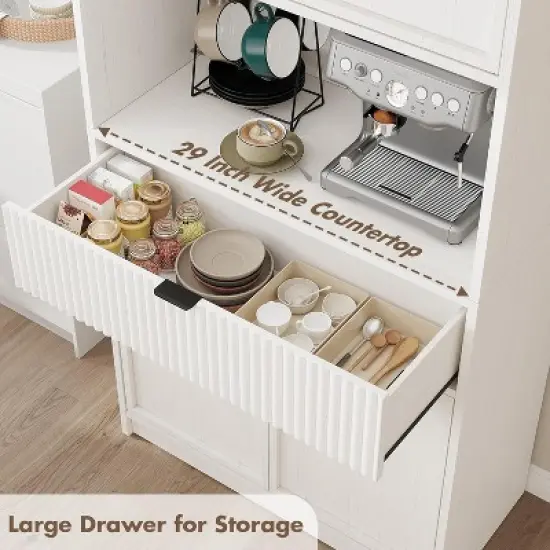 White Fluted Pantry Cabinet 70" Tall - w/Countertop, Doors & Drawer - Freestanding for Kitchen, Dining & Living Room image {5}