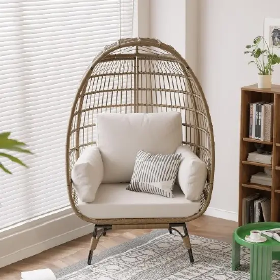 Outdoor Patio Wicker Egg Chair, PE Rattan Chair with Thick Cushion, Oversized Indoor Outdoor Lounger, Egg Shaped Seat with Metal Stand, Beige image {1}
