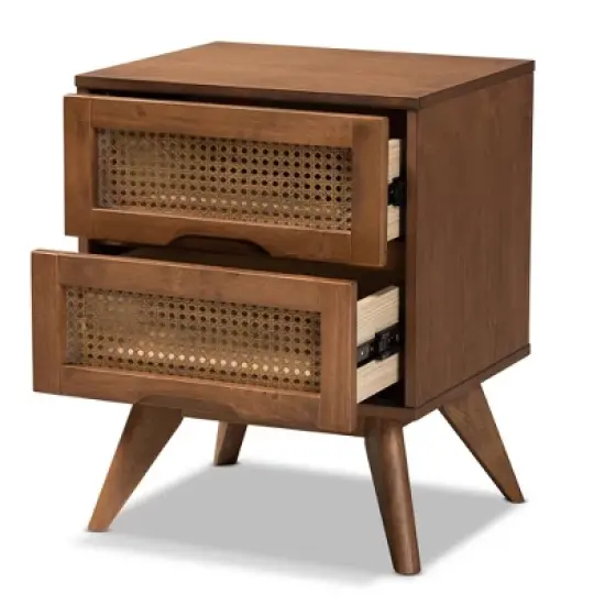 Barrett Wood and Synthetic Rattan 2 Drawer Nightstand Walnut Brown - Baxton Studio image {1}