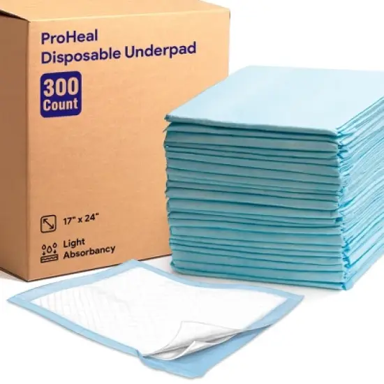ProHeal Plus Light Fluff Underpad, Incontinence Bed Pad, Leak Proof Poly Backing, 17" x 24" - 300 Pack image {1}
