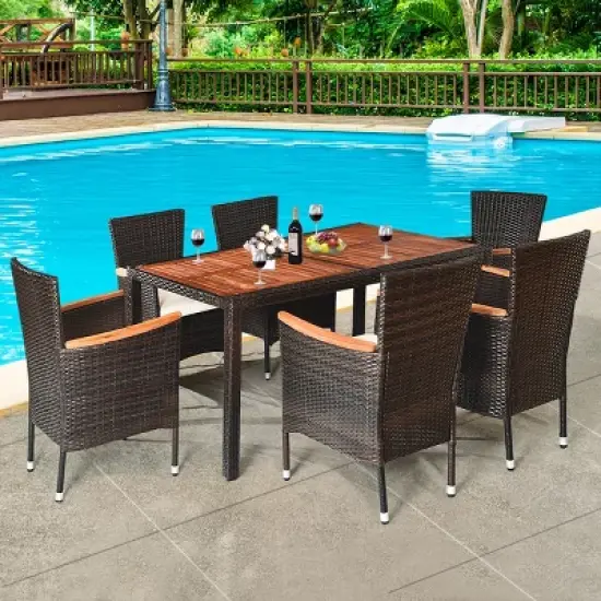 Costway 7PCS Patio Rattan Dining Set 6 Stackable Chairs Cushioned image {2}