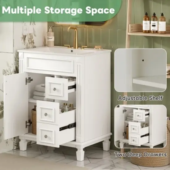 LOVSON 24'' Modern Bathroom Vanity with Ceramic Sink, 2 Drawers, Compact Bathroom Cabinet, White image {4}