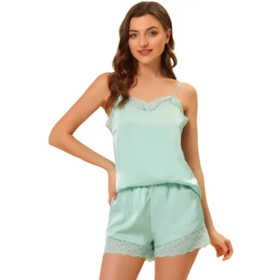 Allegra K Women's Satin Lace Trim Cami Tops with Shorts Lounge Pajama Set image {10}