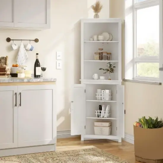 Rattan Corner Wine Cabinet with Adjustable Shelves - Farmhouse Freestanding Storage for Kitchen, Living Room image {3}