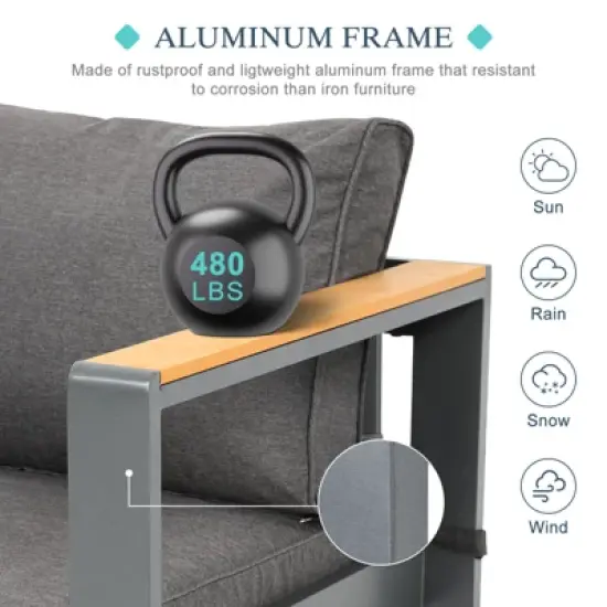 Aoodor Outdoor Aluminum Patio Furniture Sofa,  All-Weather Metal Outdoor Sofa Chairs with Washable Thick Cushion for Garden, Patio, Balcony and Proch image {7}