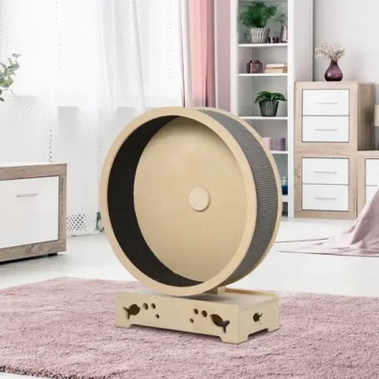 PawHut Round Hamster-Wheel Style Cat Tree with Carpet Runway, Wooden Sisal-Covered Cat Tower Condo with Unique Design image {1}