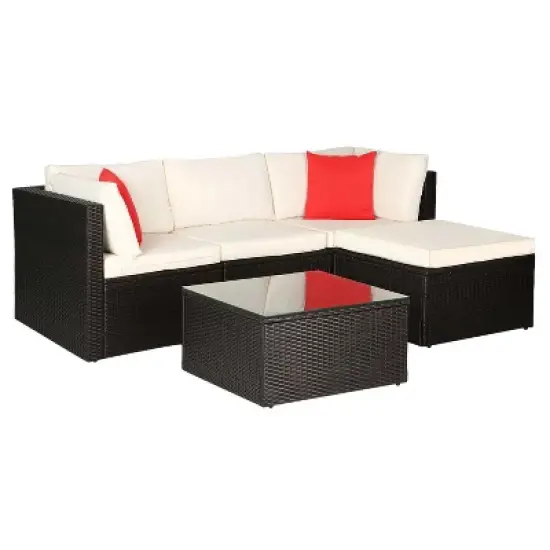 BestMassage 5 Pieces Rattan Patio Furniture Sets Patio Sectional Sofa Set Outdoor Conversation Sofa Set, Khaki image {7}