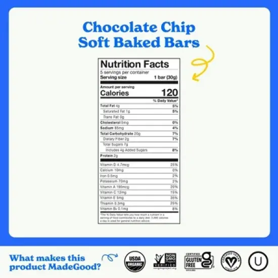 MadeGood Morning Chocolate Chip Bars - 5ct/5.3oz image {3}