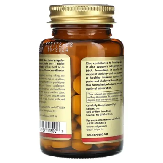 Solgar Chelated Zinc, 100 Tablets - Zinc for Healthy Skin - Supports Cell Growth & DNA Formation - Exerts Antioxidant Activity - Supports A Healthy image {2}