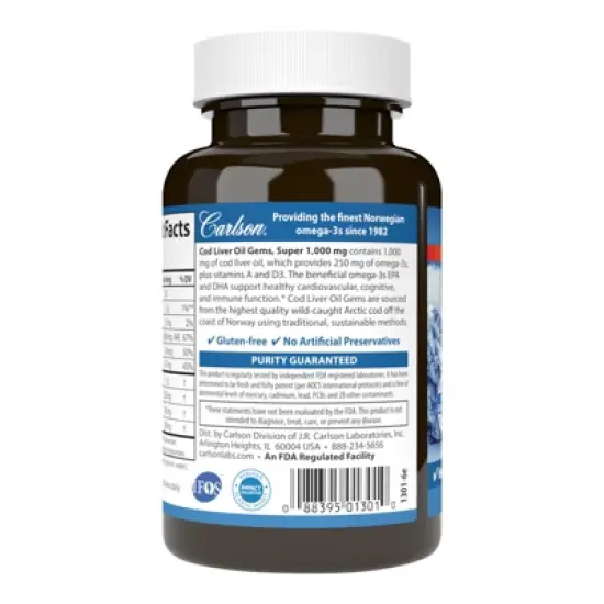 Carlson - Cod Liver Oil Gems, Super 1000 mg, 250 mg Omega-3s + A & D3, Norwegian, Wild Caught image {1}