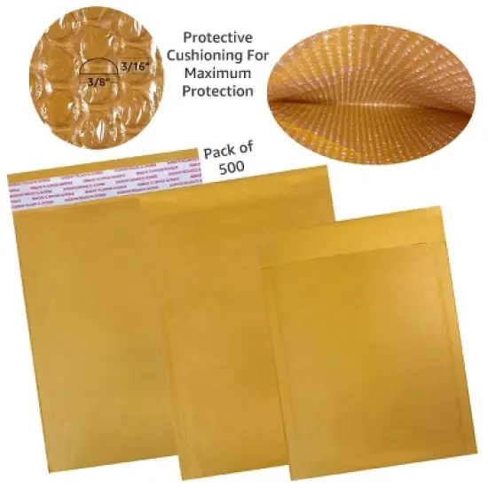 UOFFICE Pack of 500 Bulk Kraft Bubble Mailers 6.5"x10" - #0 Self-Seal Padded Envelopes image {2}