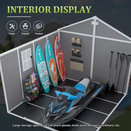 8*8ft resin storage shed, high quality pp material, strong structure, waterproof, rust and UV proof, large storage space, HD window lighting image {5}