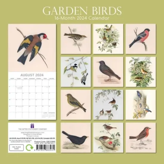 The Gifted Stationery 2024 Square Wall Calendar, Garden Birds (Illustrated), 16-Month Bird Theme with 180 Reminder Stickers (12 x 12 In) image {3}
