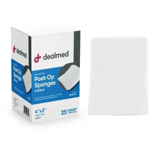 Dealmed 4" x 3" Sterile Post-Op Gauze Sponges, 4-Ply Individually Wrapped Packages of Two for Wound Care, White, 25 Count image {3}