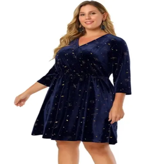 Agnes Orinda Women's Plus Size Velvet 3/4 Sleeve Elastic Waist Party Dress image {3}