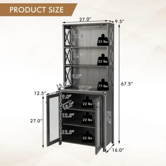 Costway Tall Freestanding Bar Cabinet Kitchen Buffet w/ Glass Holder & Adjustable Shelf image {3}