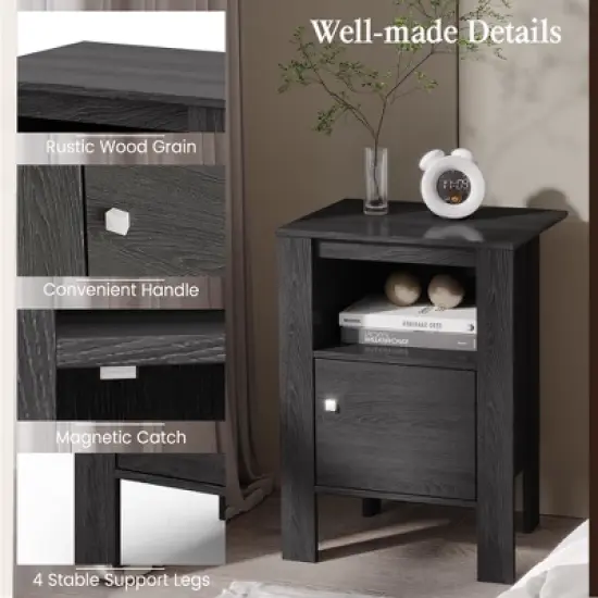 Costway Nightstand Compact Side End Sofa Table with  Open Shelf & Cabinet Dark Grey Oak/Walnut image {8}