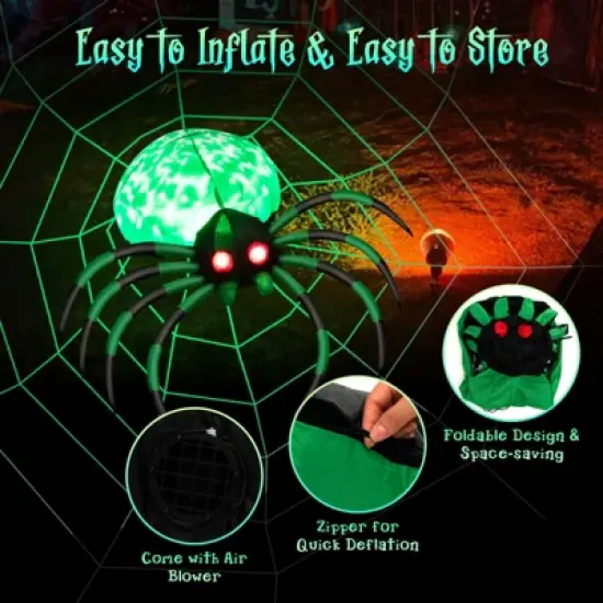 Tangkula Halloween Inflatable Spider with Cobweb Creepy Blow-up Spider with LED Rotating LED Light Green Black Legs Waterproof Halloween Decoration image {4}