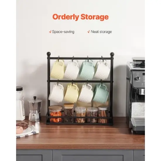 VEVOR Coffee Mug Holder for Countertop, 16 Hooks Coffee Cup Holder with Storage Base, 2 Tier Carbon Steel Mug Display Stand, Matte Black image {3}