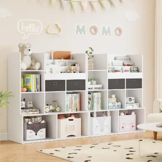 47.8in Kids Bookshelf with Drawers Wooden Toy Storage Organizer Modern Bookcase with Cubbies White Toy Chest Playroom, Classroom image {3}
