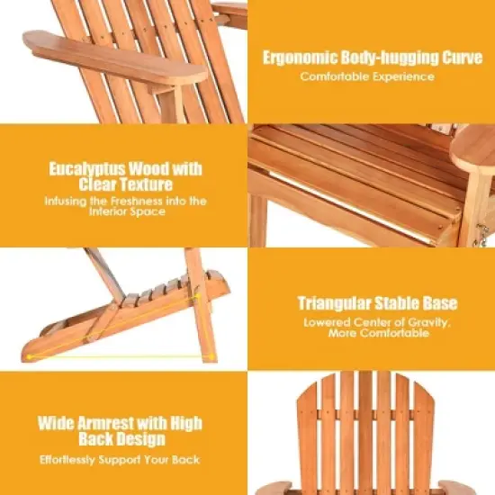 Costway 4 PCS Eucalyptus Adirondack Chair Foldable Outdoor Wood Lounger Chair Natural image {9}