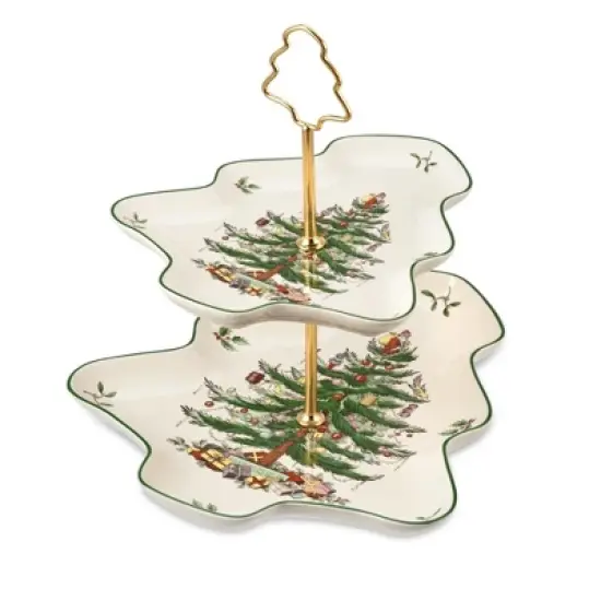Spode Christmas Tree 2-Tiered Server, Tree-Shaped - Holiday Cupcake Stand, Dessert Display Set, Porcelain Serving Platter, 10" & 8", Dishwasher Safe image {7}
