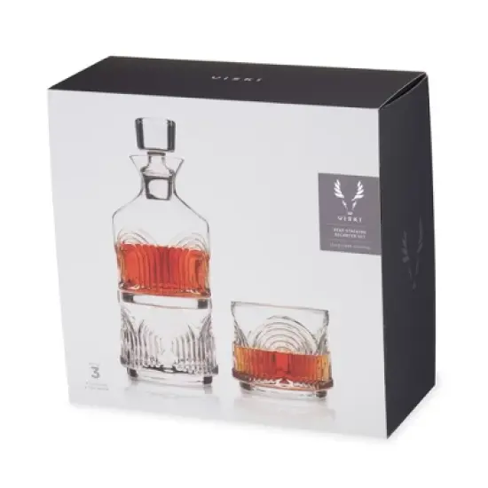 Viski Beau Stacking Decanter Set with Lowball Glasses - Crystal Decanter and Glasses for Whiskey - Art Deco Cocktail Glasses Whiskey Decanter Set of 3 image {10}