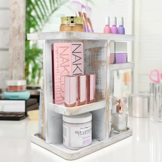 Sorbus 360&deg; Bamboo Rotating Makeup Organizer - Multi-Function Storage Carousel stores Cosmetics, Skin Care, and more image {3}