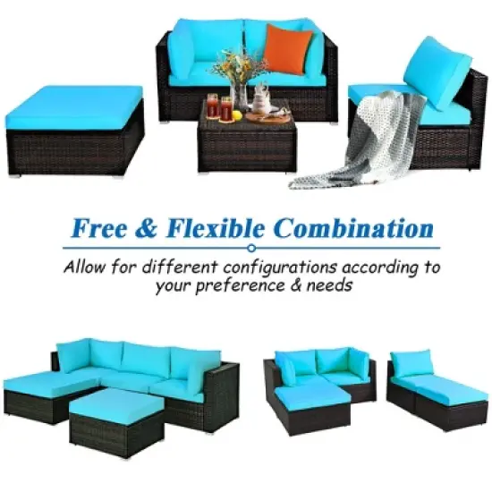 Costway 5PCS Patio Rattan Sectional Conversation Set Ottoman Turquoise image {4}
