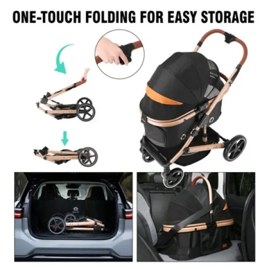 EchoSmile Black Lightweight Folding Pet Stroller with Detachable Carrier image {4}