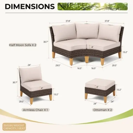 Captiva Designs 7pc Outdoor Wicker Rattan Patio Half-Moon Curved Sectional Sofa Set with Cushioned Ottoman image {1}