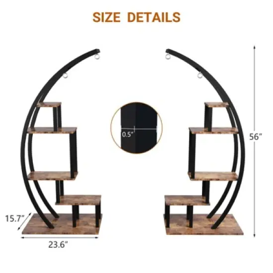 5 Tier Tall Metal Indoor Plant Stand, Half Moon Shape Garden Plant Holder, Round Flower Shelf Rack with 4 Hanging Hooks for Home image {3}