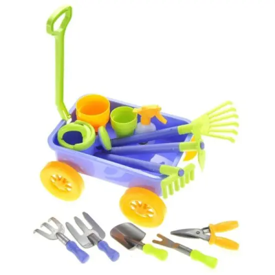 Insten Garden Wagon Playset with Rake, Hoe, Spade, Shovel, Pots & Other Tools, Gardening Toys for Kids image {1}