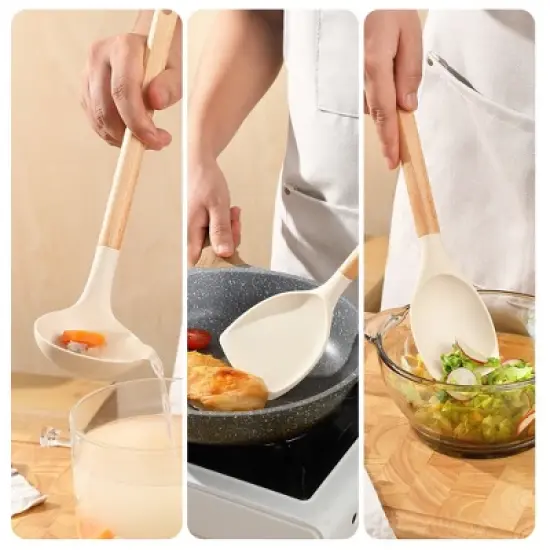 SKONYON 22-Piece Silicone Kitchen Utensil Set with Wooden Handles, Holder, Measuring Cups & Spoons, Nonstick-Safe image {8}