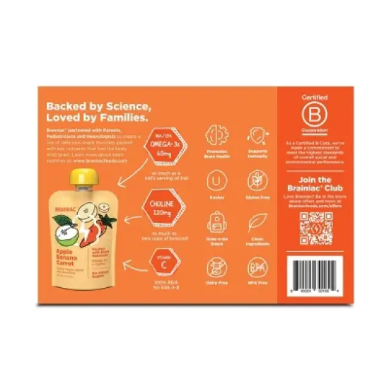 Brainiac Kids Brain Squeezers Applesauce Pouches Fruit and Veggie Variety Pack Apple Banana Carrot & Apple Strawberry Spinach - 3.2oz/10ct image {10}